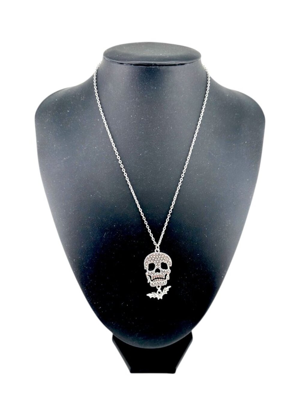 Skull Bat Necklace Silver Tone 18" Diamond Cut Stainless Steel Goth Halloween